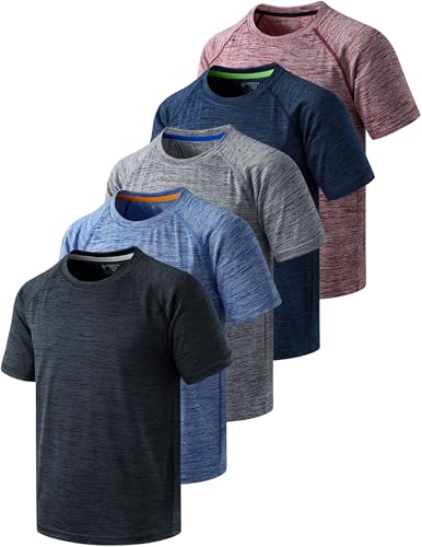 Image of 5 Pack Youth Boys Athletic Dry Fit T Shirts | Lightweight Short Sleeve Tees, Comfy Stretch, Regular Fit, for Teen Kids, Running Soccer Back to School