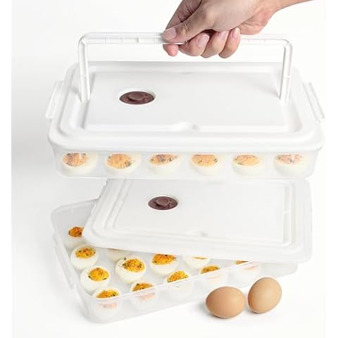 77L Deviled Egg Containers with Lid, (Set of 2), Plastic Deviled Egg Carrier with Handle for 48 Eggs, Clear Storage Devil Egg Platter, Fridge Portable Egg Tray, Perfect for Picnic and Party (White) Cover