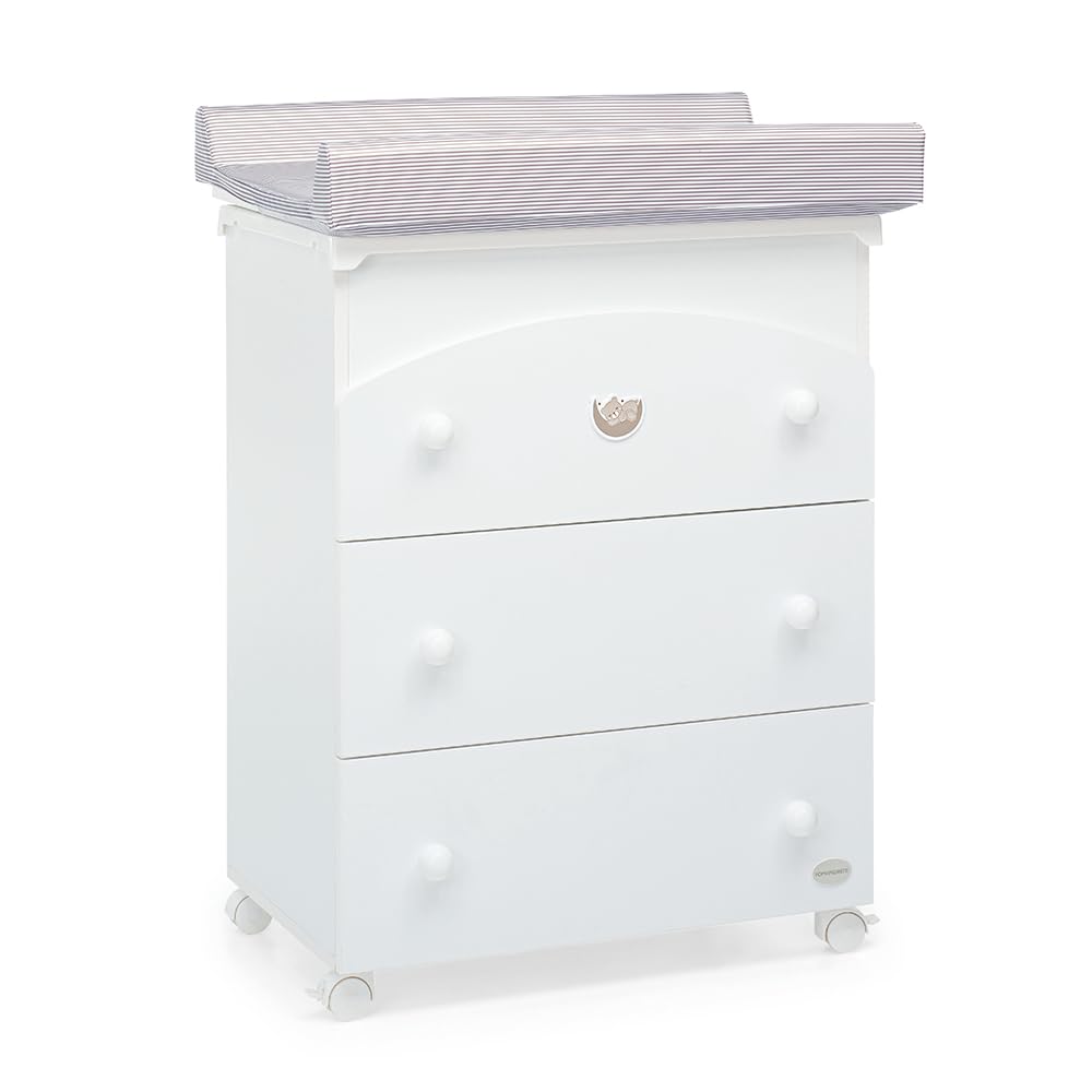 Foppapedretti Bagnetto Fasciatoio Mybear, Made in Italy, Legno di faggio, 3 cassetti, Vaschetta anatomica estraibile, 4 ruote 2 con freno, 94x78x56 cm, Bianco