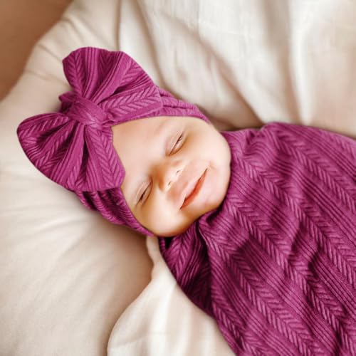 Image of BQUBO Baby Swaddle Blankets for Girls, 4PCS Newborn Accessories Set with Hat and Bow Headband with Hello World Wooden Birth Announcement Card, Baby Blankets for Girls (Pink)