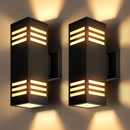 Image of 2-Pack Modern Outdoor Wall Lights, IP65 Waterproof Up & Down Porch Light Fixtures with E26 Bulbs, Wall Sconces for Garage, Patio, Entryway