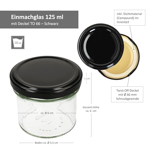 Foto von MamboCat 25er Set Sturzglas 125 ml mit Schraub-Deckel Schwarz I Einmachgläser + to 66 Deckel mit Diamant-Zucker-Rezept I Vorratsgläser konservieren & sterilisieren