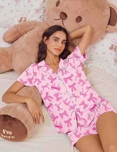 Image of Ekouaer Womens Pajamas Set Soft Classic Notch Collar Bride Pjs Comfy Short Sleeve Sleepwear Loungewear