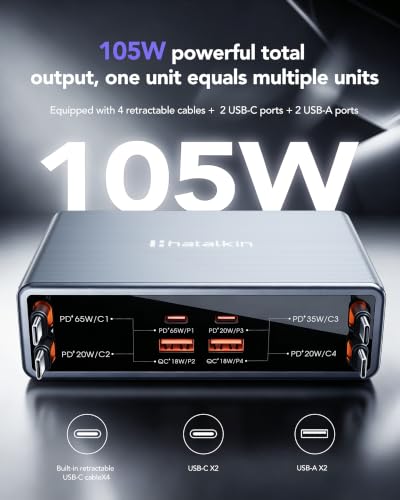 Image of 8-in-1 Charging Station for Multi Device,Fast Charger Retractable 65W Cable | 105W Retractable Charger,Retractable Charging Station for iPhone 17,Galaxy S26,Laptops,Tablet,Home Office,Desktop Accessories