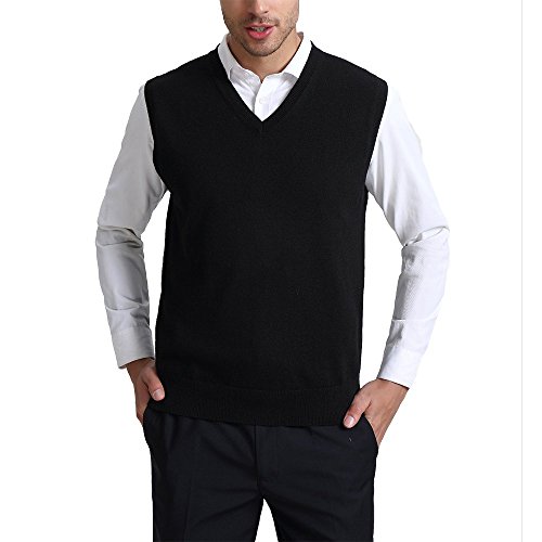 Kallspin Men s Cashmere Wool Blended Vest Sweater Relaxed Fit V Neck Sleeveless Knitted Vest Pullover (Black, X-Large)