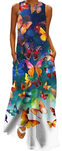 Ocean Plus Ärmellose Vintage Bedruckte Maxikleider mit V-Ausschnitt für Damen im Sommer Langes Kleid