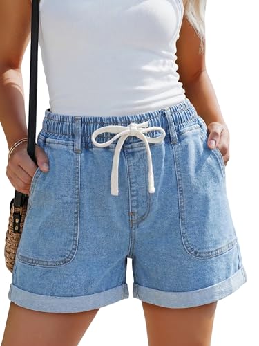 SANMM Jean Shorts Womens High Waisted Casual Stretchy Denim Drawstring Elastic Waist Boyfriend Shorts for Summer Light Blue L