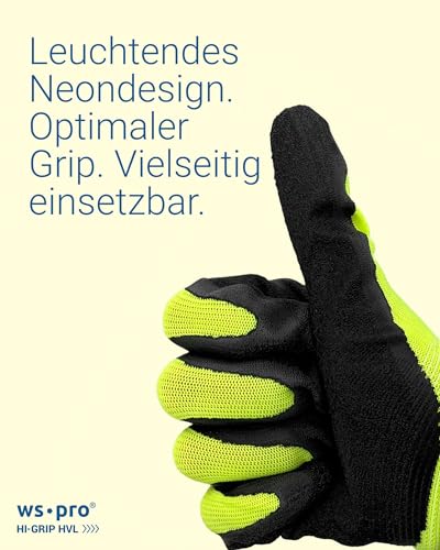 Foto von Trevendo Arbeitshandschuhe - WS-Pro Hi-Grip HVL - EN 388 - neongelbe Montage- & Schutzhandschuhe mit Crinkle-Latex-Beschichtung - Profi-Grip, robust & sichtbar - Mehrfachpack - Größe 10, 12 Paar