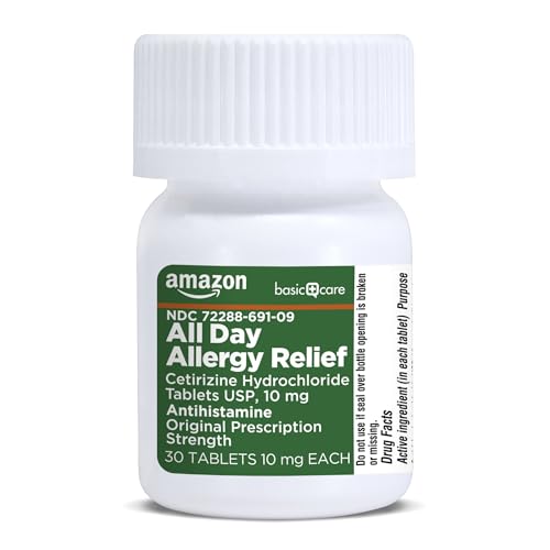 Image of Amazon Basic Care All Day Allergy, Cetirizine Hydrochloride Tablets, 10 mg, 24-Hour Relief for Sneezing, Runny Nose, Itchy Eyes & Throat, Indoor & Outdoor Allergy Relief, 30 Count (Packaging may vary)