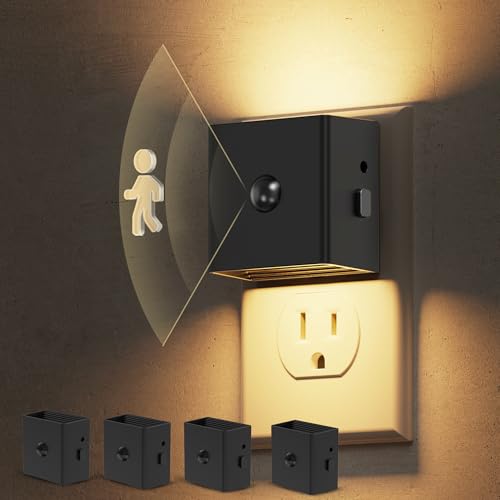 Image of L LOHAS LED Motion Sensor Night Light,[4-Pack] Plug in Night Light with Dusk to Dawn Sensor,Brightness Adjustable,3000K Soft White Nightlight for Bathroom Hallway Kitchen