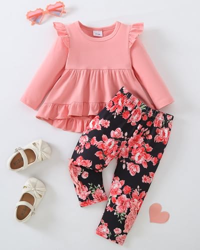 Image of Weebaby Baby Girl Clothes Infant Toddler Girl Clothing Ruffle Shirt High Low Top Floral Allover Pant Little Girls Clothes