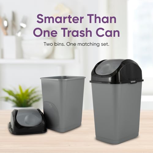 Image of Superio Mini 1.25 Gallon and Small 2.5 Gallon Plastic Trash Cans with Swing Top Lid, Grey Waste Bin for Countertop, Desk, Vanity, Bathroom, 2 Pack (Grey /Black)