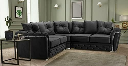 HHI CHESTERFIELD BLACK PLUSH FABRIC CORNER SOFA FOR SALE- Corner Sofas Settees for Sale- black sofas for living room - Cheap sofas UK 101
