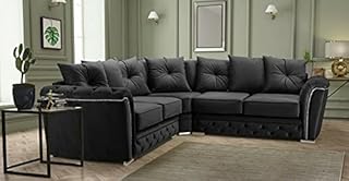 HHI CHESTERFIELD BLACK PLUSH FABRIC CORNER SOFA FOR SALE- Corner Sofas Settees for Sale- black sofas for living room - Cheap sofas UK 101