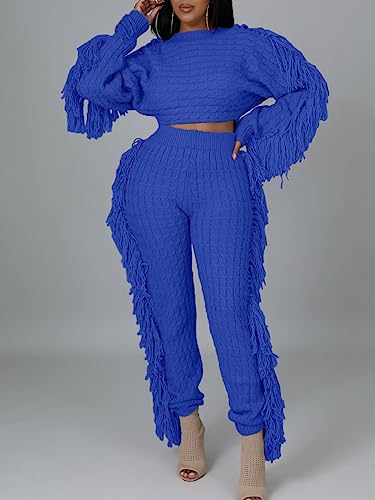 Image of KANSOON 2 Piece Sweater Set for Women Cable Knit Fringe Crop Top and Pants | Cozy feel, ribbed high waist, comfortable stretch fit for birthday and chilly going-out outfits
