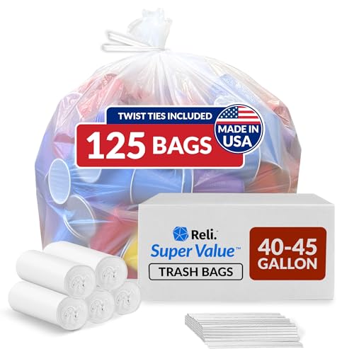 Reli. 40 to 45 Gallon Trash Bags Heavy Duty | 125 Trash Bags with Ties | Super Sizeable, Clear, Serious Garbage Cleanup