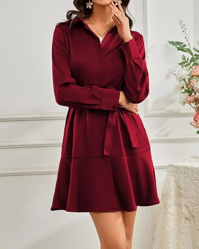 Image of Women's Long Sleeve Button Up Midi Belt Shift Collar Dress with Pockets for Work Office Business