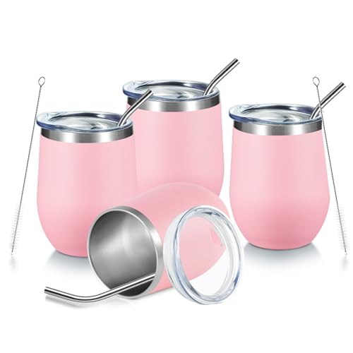COMOOO Stainless Steel Wine Tumbler 4 Pack with Lid and Straw 12oz Double Wall Vacuum Insulated Travel Tumbler Cup Stemless for Hot and Cold Drinks,Coffee,Wine,Cocktails, Pink