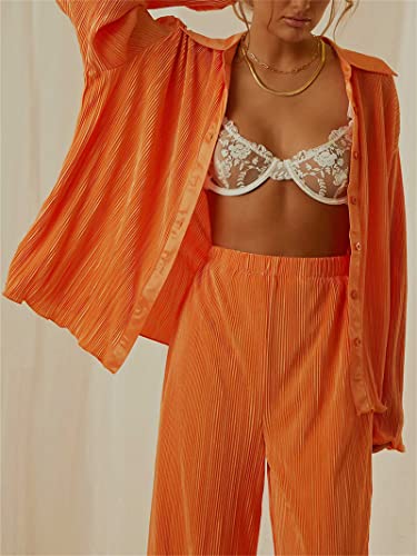 Miqil Women Pleated 2 Piece Pants Outfits Casual Loose Long Sleeve Button Blouse Top High Waist Palazzo Pants Set Loungewear #TOP3