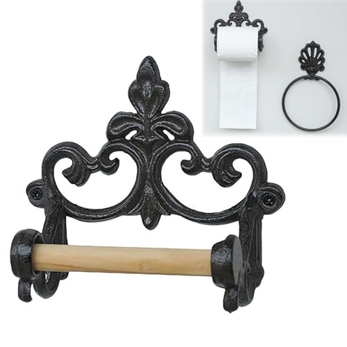 Antique Cast Iron Rustic Toilet Roll Holder, Cast Iron Wall Mounted Toilet Tissue Holder, Decorative Fleur De Lis Toilet Paper Roll Holder, for Kitchen and Bathroom, Hanging Towel, Wash Cloth