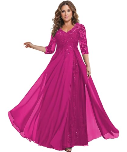 Image of HANVAIOS Sparkly Mother of The Bride Dresses for Women Long Chiffon 3 /4 Sleeve Lace Appliques Formal Gown