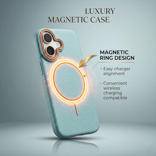 Image of amazon basics Luxury MagSafe Compatible Leather Texture Back Cover for iPhone 17 | Raised Camera Protection | Slim Fit Shockproof Case with Metallic Accents (Light Blue)