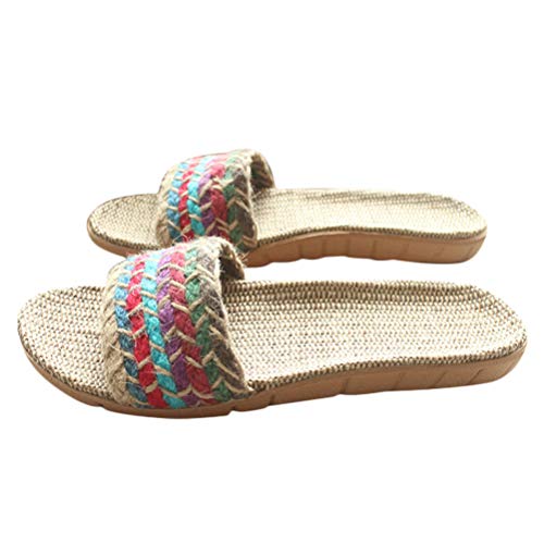 Flax Linen Slippers - Open Toe Bohemian Style Summer Beach Sandals - Vintage Non-Slip Slippers for Woman (6US, 3.5UK, 36.5EU)