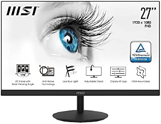 MSI PRO MP271 27'' Monitor, Fixed, FHD (1920 x 1080), 75Hz, IPS, 5ms, HDMI, VGA, Built-in Speakers, Anti-Glare, Anti-Flicker, Less Blue light, TÜV Certified, VESA, Kensington