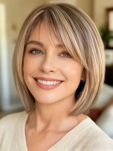 Webshaiy Pelucas Mujer Pelo Natural Peluca Bob Capas Sin Pegamento con Flequillo, Peluca Sintética Corta y Recta Para Mujer Mejorada con Fibra Similar Cabello Humano Mechas Rubia Ombré