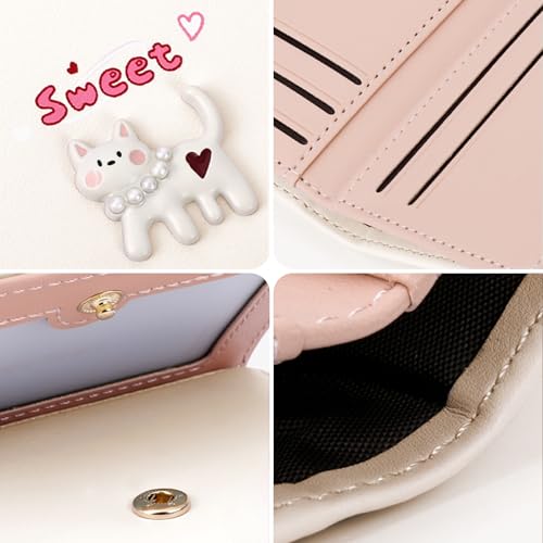 Cute Cat Tri-Folded Wallet Cute PU Leather Aesthetic Wallet Fashion Purse with Cash Pocket Card Slot Holder ID Window for Ladies and Women Beige2