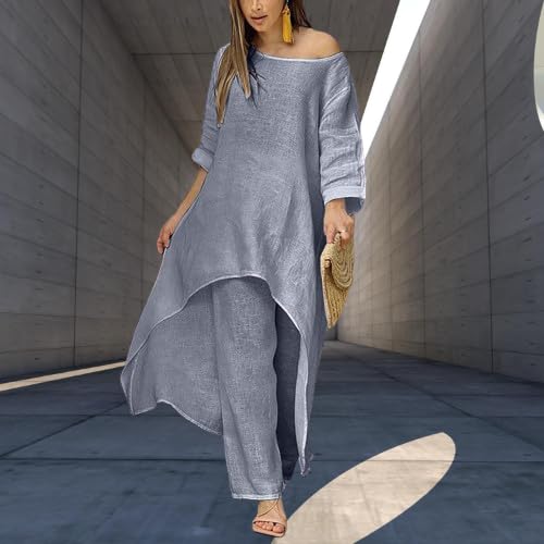 Women Linen Sets for Women Dressy Casual 2 Piece Pantsuits 2024 Crewneck Long Sleeve Wide Leg Pants Fashion Outfits3