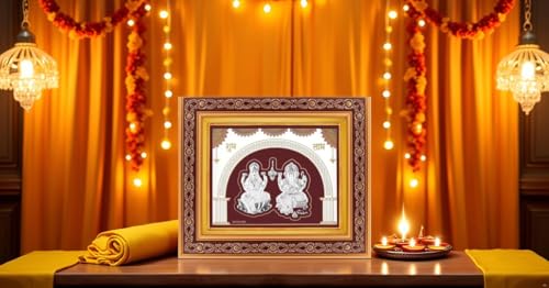 Image of 999 Pure Silver Laxmi Ganesh Frame | Divine Home Decor | Wall Mount Square Photo for Gift, Wooden PhotoFrame, Temple & OfficeDecor | hangingframe (10.50 inch x 9 inch Inch)