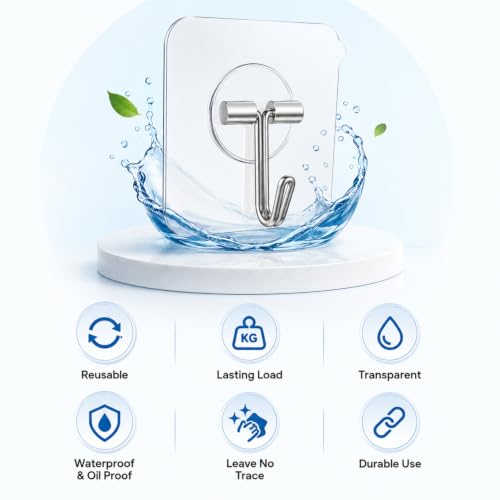 Image of KONVIO NEER Hanging Hooks for Wall Without Drilling - 10 Pack Self Adhesive Wall Hooks Heavy Duty, Transparent Stainless Steel Nail-Free Hanging Hooks for Kitchen, Bathroom, Keys & Home Organization