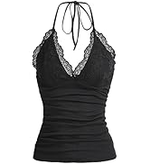 MakeMeChic Women's Halter Top Y2K Lace V Neck Ruched Low Cut