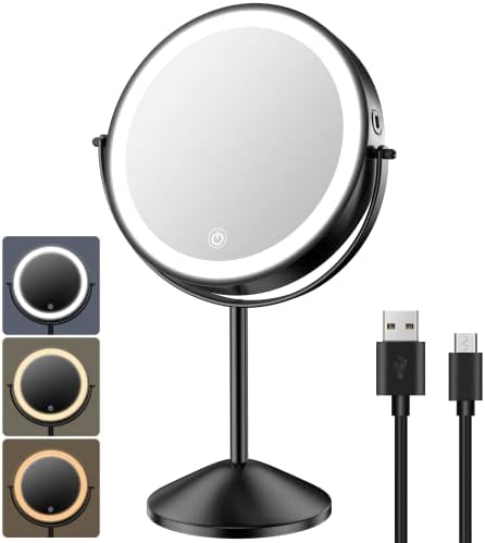 Benbilry 8" Lighted Makeup Vanity Mirror with 3 Color Dimmable Lights, 1X/10X Magnifying Rechargeable Double Sided Cosmetic Mirror, 360° Swivel Light Up Cordless Standing Mirror Black