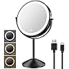 Benbilry 8 Inch Lighted Makeup Vanity Mirror with Lights 3 Color Dimmable, 1X/10X Magnifying Rechargeable Double Sided Light Up Cosmetic Mirror, 360° Swivel Cordless Standing, Black