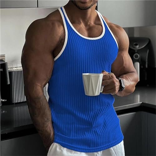 Camiseta sin mangas para hombre, lisa y transpirable, con espalda en Y, estilo británico, para correr, senderismo y al aire libre, azul, L