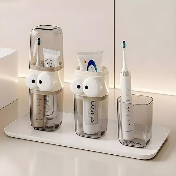 BLUE CRANE Transparent & Stylish Portable Tooth Brush Cover Travel Wash Cup, Tooth Brush Holder and Storage Box High Beauty Three-in-One Travel Gargle Cup (Pack of 1) (Brown) 4
