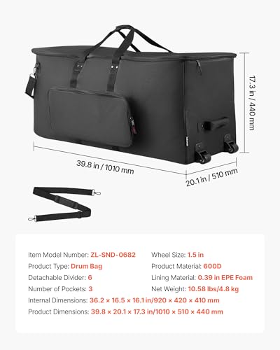 VEVOR Schlagzeugtasche, Drummer Hardware Bag, 1010x510x440 mm, mit 6 herausnehmbaren Trennwänden, Rollen & 3 Außentaschen, wasserabweisend & gepolstert, sicherer Transport von Equipment & Instrumente