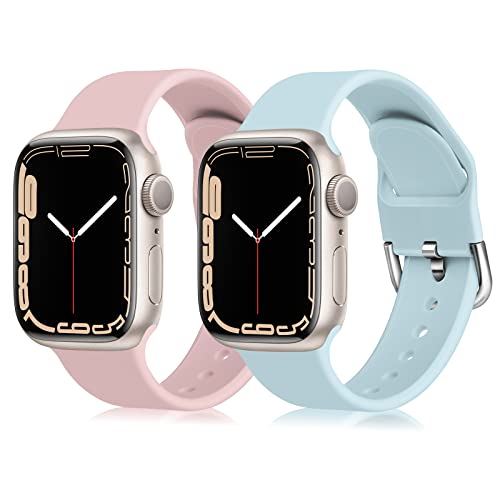 Chinbersky 2 Stück Solo Loop Armbands Kompatibel mit Apple Watch Armband 38mm 40mm 41mm für Herren Damen, Weiche Silikon Sport Ersatzarmbänder für iWatch Serie 7 6 5 4 3 2 1 SE, Hellgrün+Hellpink Cover