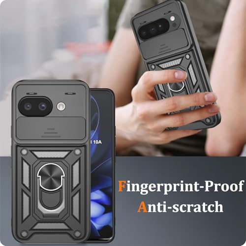Image of Shockproof Back Case Cover for Google Pixel 10A 5G, Shockproof Google Pixel 10A Back Cover, Ring Case with Kickstand and Camera Protection Shutter - Black
