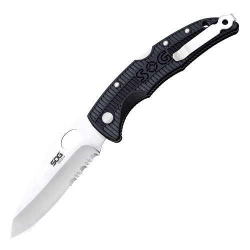 SOG SOGzilla Folding Knife SP02-CP - Satin Polished 3.25" 8Cr13MoV Partially Serrated Blade, GRN Handle, Lockback