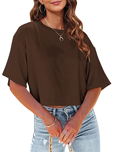 Tankaneo Women Half Sleeve Cropped T-Shirts Drop Shoulder Round Neck Crop Tops Casual Summer Solid Color Basic Tees