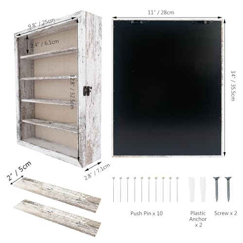 Image of FramePro 11x14 Display Case with Adjustable Shelves White, 4-Tier Memory Shadow Box for Wall, Deep Wooden Keepsake Display Shelf with Locking Door for Memorabilia, Photos, Medals, Wedding, Home Decor