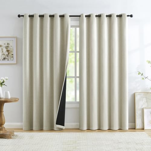 Treatmentex Natural Beige Full Blackout Window Curtain Panels 54 inches Long Burlap Linen Textured, Short Thermal Insulated Burlap Linen Bedroom Drapes Thermal Insulated Winter Curtains 60x54x2