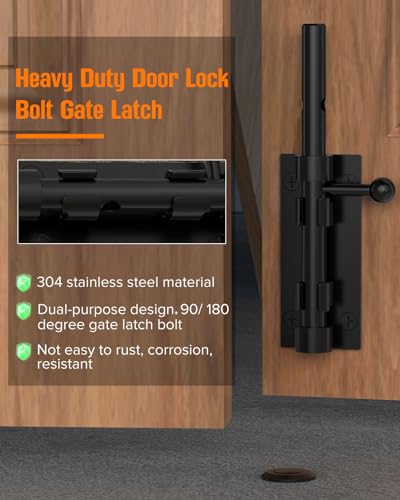 Image of Barrel Bolt Latch, 6 inch Shed Door Latch, Heavy Duty Slide Bolt Gate Latch, Hardware Gate Drop Rod Bolt Lock for Barn Door, Wooden Fence, Courtyard, Backyard, Outdoor (Black - 4pcs)