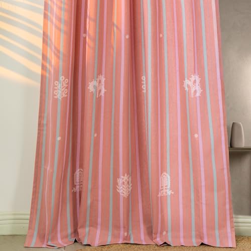 Image of Tranquebar Curtain Co. Window Curtains 5 Feet, 60-65% Room Darkening,Pink Rabah, Cotton Curtains for Window, Cotton Curtains 5 Feet Long Set of 2, BackTab Loops,Rabah(152 cm) - Set of 2