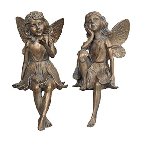 Fairy - Elf Figures as Edge Stool Set of 2 Bronze Coloured 18 cm Outdoor Figures Weatherproof Cover