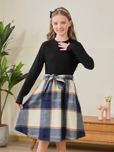 GORLYA Girls Long Sleeve Mock Turtleneck Plaid Contrast Bowknot A-Line Party Dress with Belt 6-14Y3