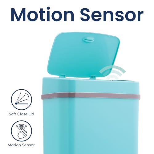 Image of Ninestars 3 Gallon Automatic Trash Can, 12L Touchless Motion Sensor Bathroom or Bedroom Garbage Can with Odor-Sealing Lid, Impact-Resistant ABS Plastic, Teal Blue